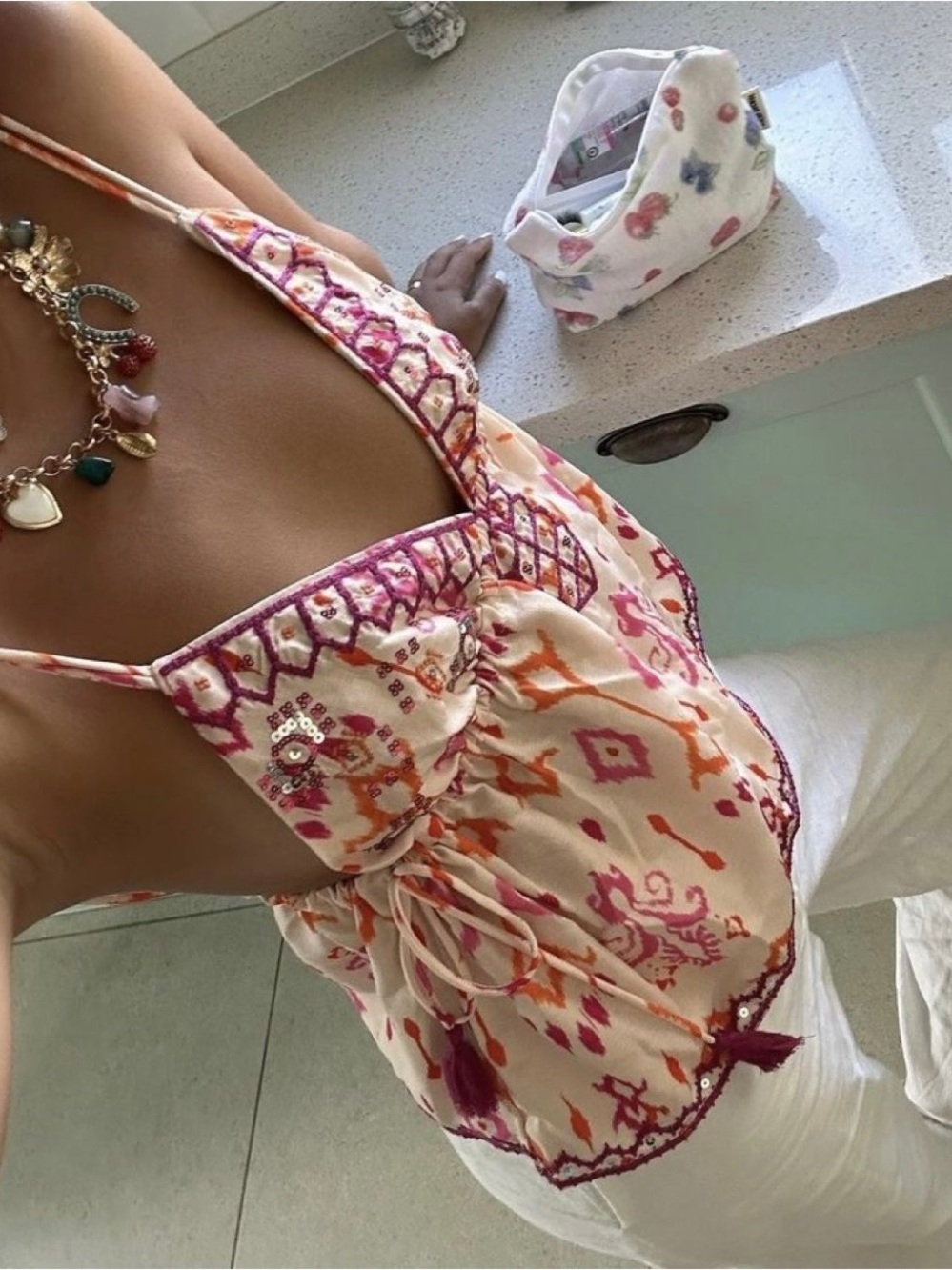 Embroidered Boho Spaghetti Strap Tank Top - Pink & Orange